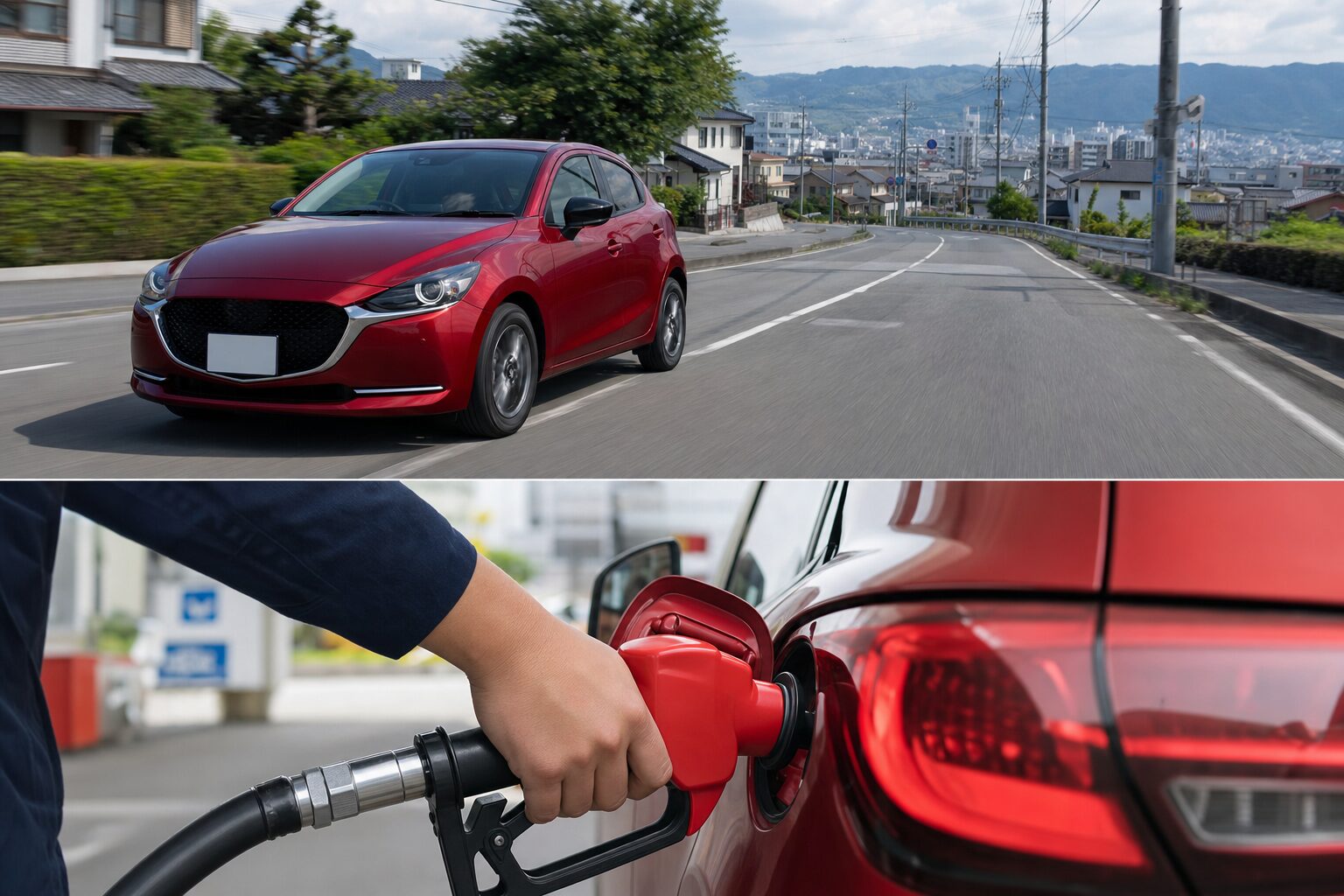マツダ2が街と郊外道路を走る燃費イメージ