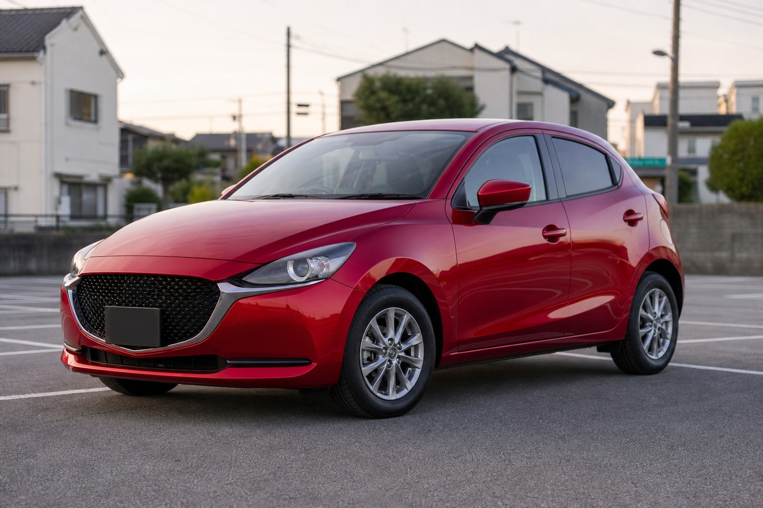 赤いマツダ2の新車外観とフロントデザイン