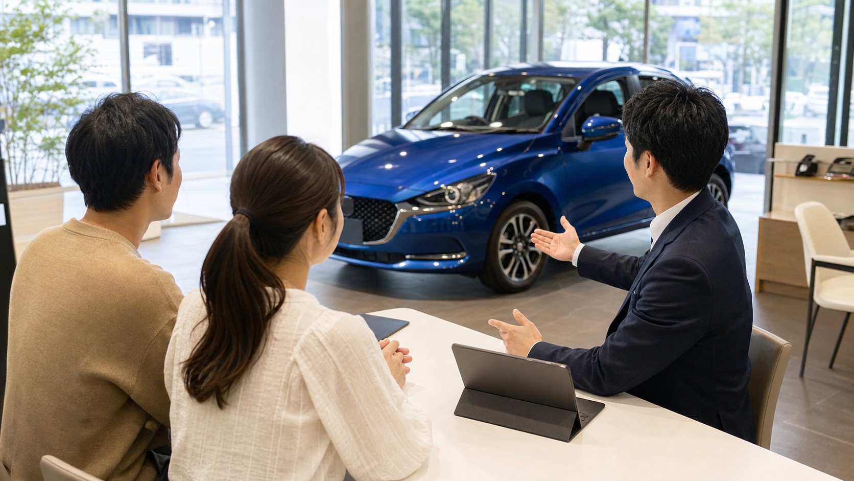 マツダ2の新車在庫を販売店で確認するイメージ