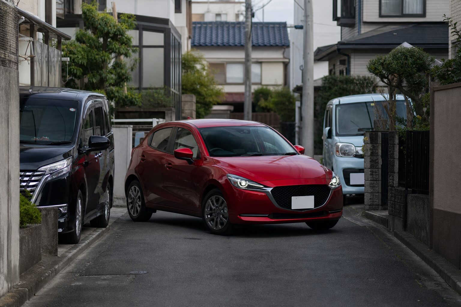 狭い住宅街でマツダ2が小回りする様子