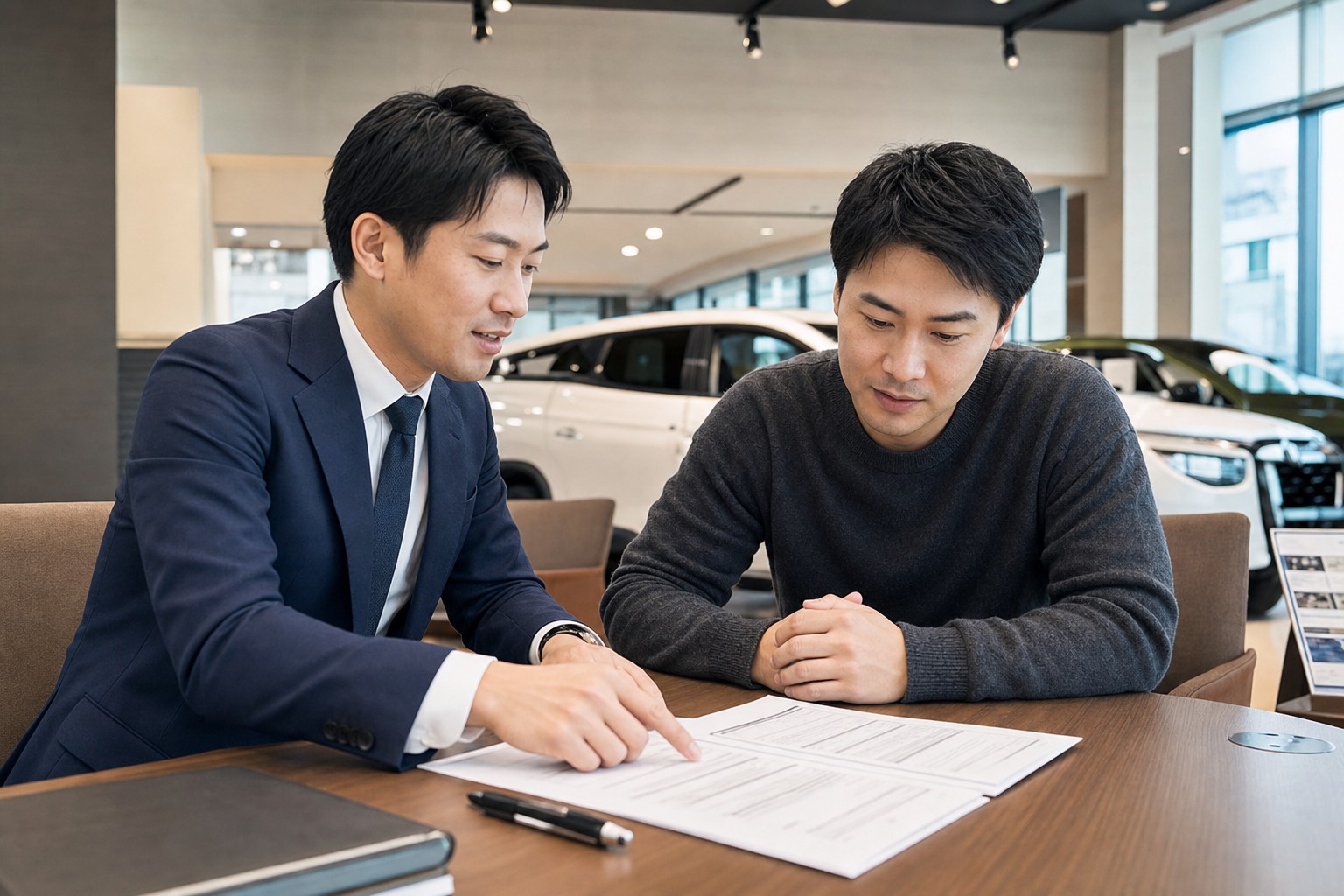 中古車販売店でマツダ2の見積書を確認するスタッフと購入者