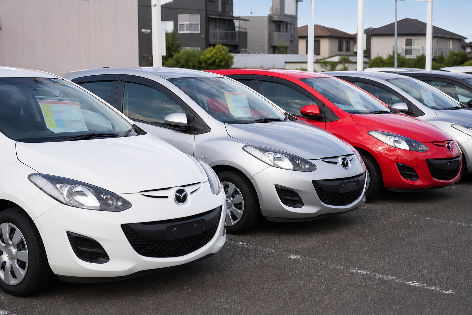 複数のマツダ2が並ぶ中古車販売店の展示ロット