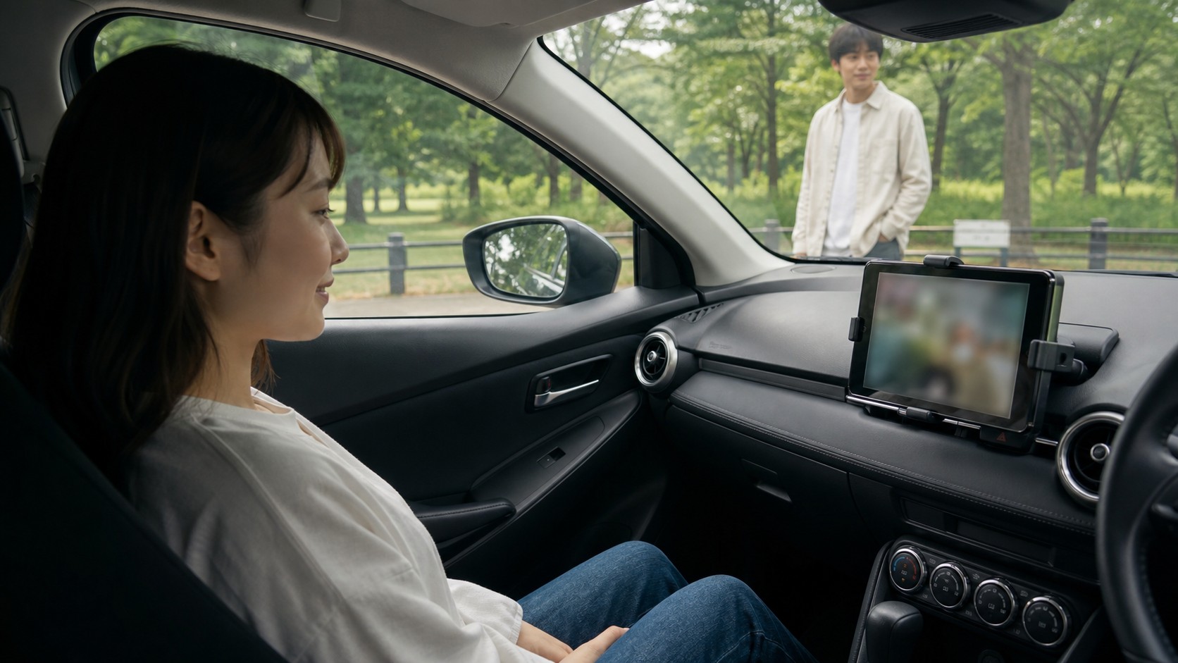 マツダ2の同乗者が動画視聴するイメージ(停車中)